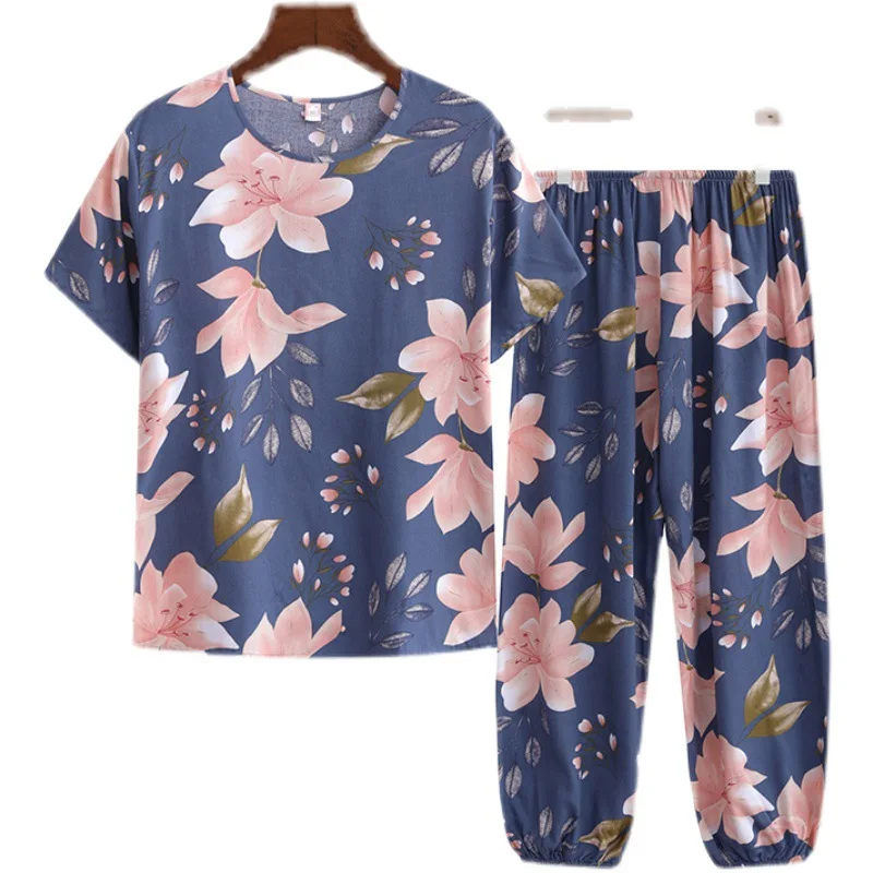 Ensemble de pyjama d'été pour mère d'âge moyen, pyjama floral pour femme, vêtements de maison, tenue trempée, nouveau fjSets, 2 pièces