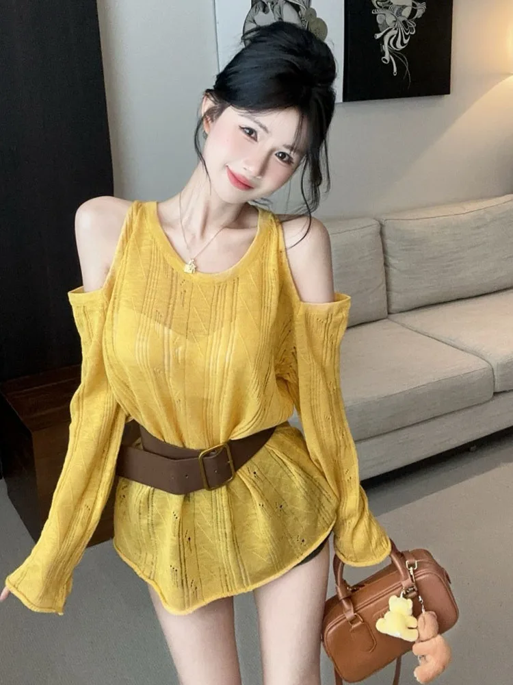 

Свободный вязаный топ с эффектом похудения Long Sve, удобный женский осенний свитер без скуки с поясом Faion