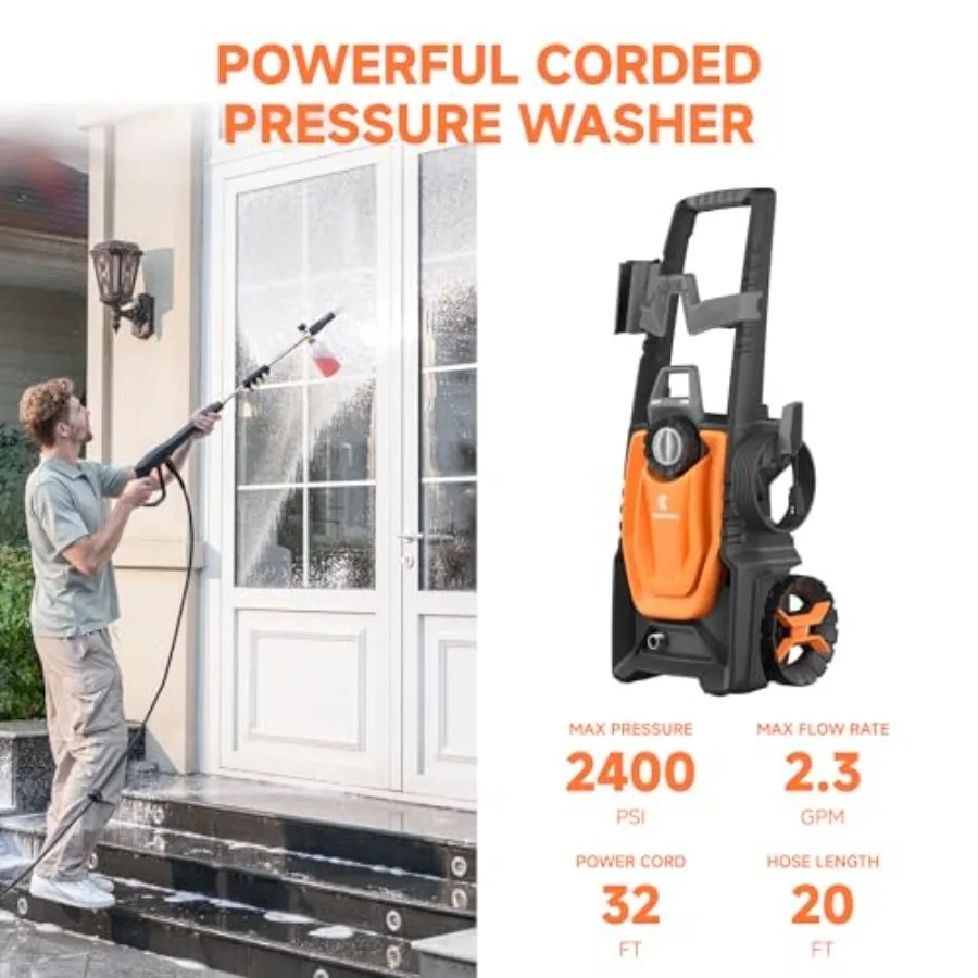 Electric Prure Washer, 2400 PSI 2.3 GPM with 4 Quick-Connect Nozzles, 20FT Hose and Foam Cannon, Powerful Washer for Cars/Road/