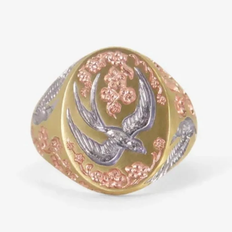 Vintage Hand Carved Swallow Women's Ring Creativity Two Color Metal Geometry Daily Wear Party Jewelry Anniversary Gift