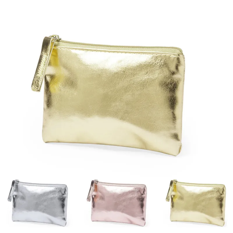 New Metallic Color PU Waterproof Storage Bag Fashion Champagne Gold Silver Zipper Coin Purse Card Holder Key Earphone Pouch