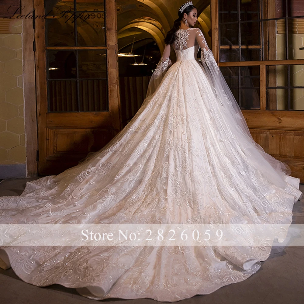 Lceland Poppy Customized Ball Gown Scoop Neck Lace Wedding Dress Floor Length Long Flare Sleeves Bridal Gowns with Chapel Train
