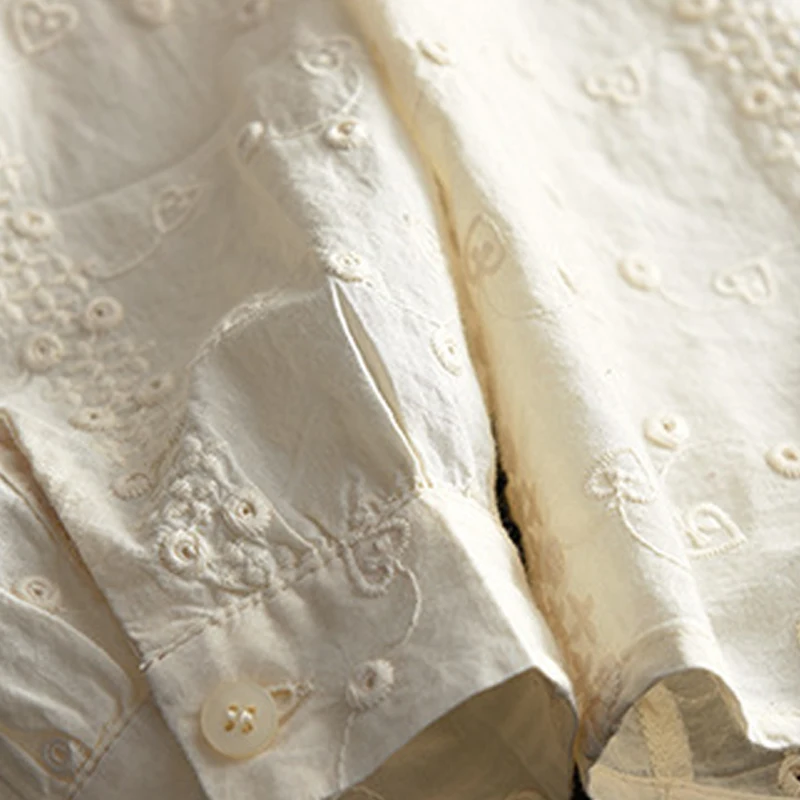 New 2025 Spring Cotton Long Sleeve Shirt, Women Turn-down Collar Embroidery, Mori Girl OL Vintage French Loose Blouse T54114CC
