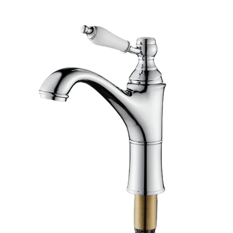 

French retro , all copper single handle, bathroom under the counter basin faucet, high value ceramic handle, hot and cold water