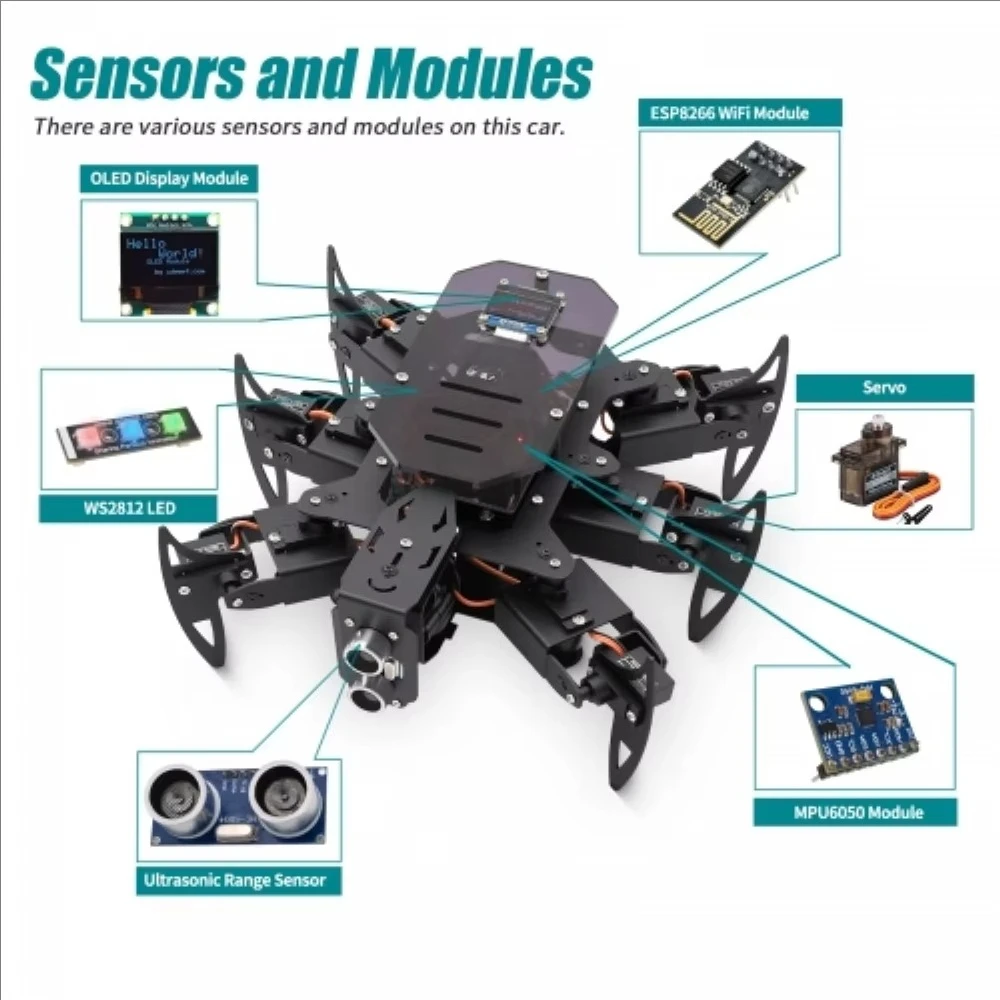 Ultimate Hexapod Spider Robot Kit, Metal Body, Arduino Programming, WiFi/IR Remote Control with OLED Display, Python/APP