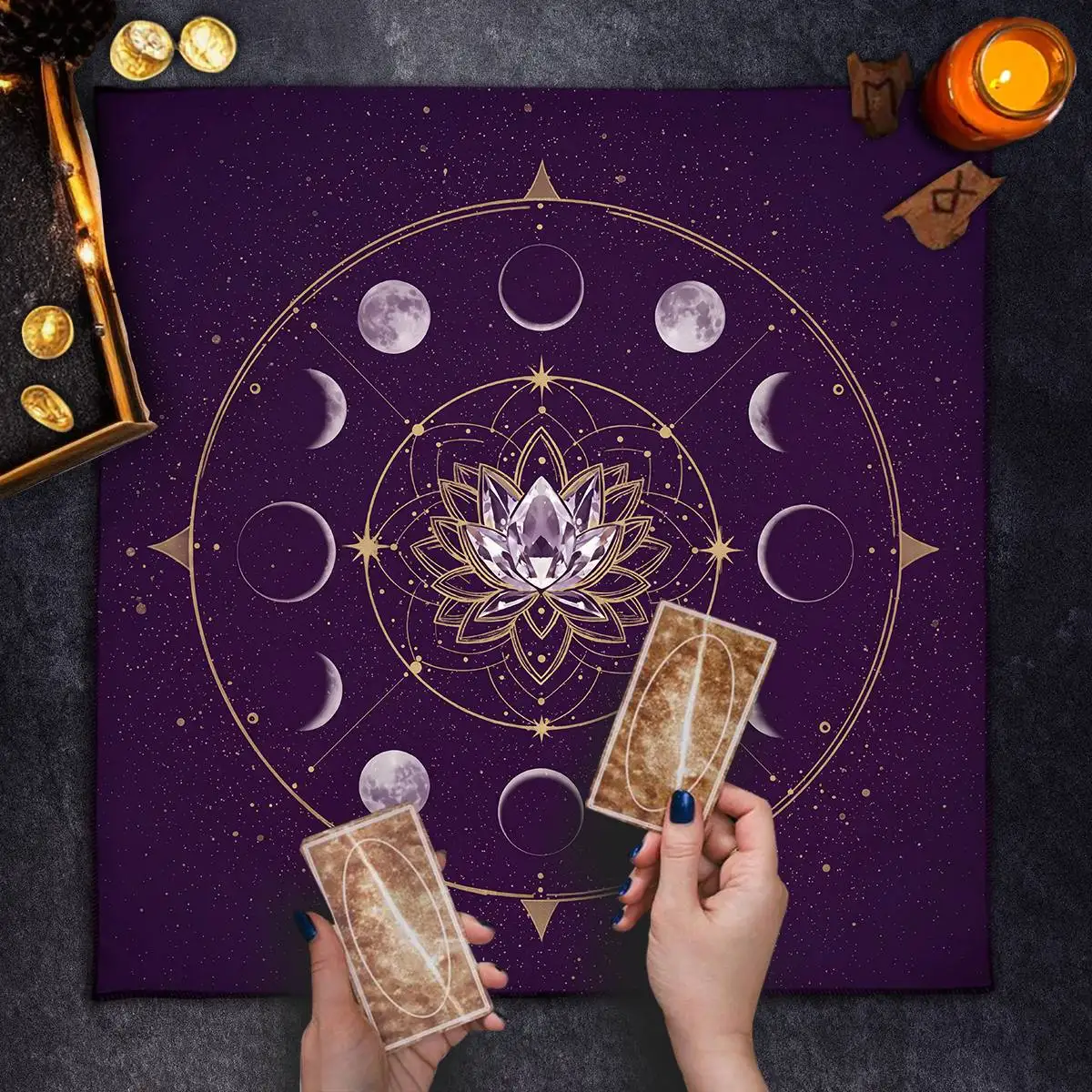 1pc 2d-flat Purple Starry Moon Phase Lotus Tarot Tablecloth Soft Velvet Altar Mat Wearproof Divination Cloth Wiccan Tarot Game