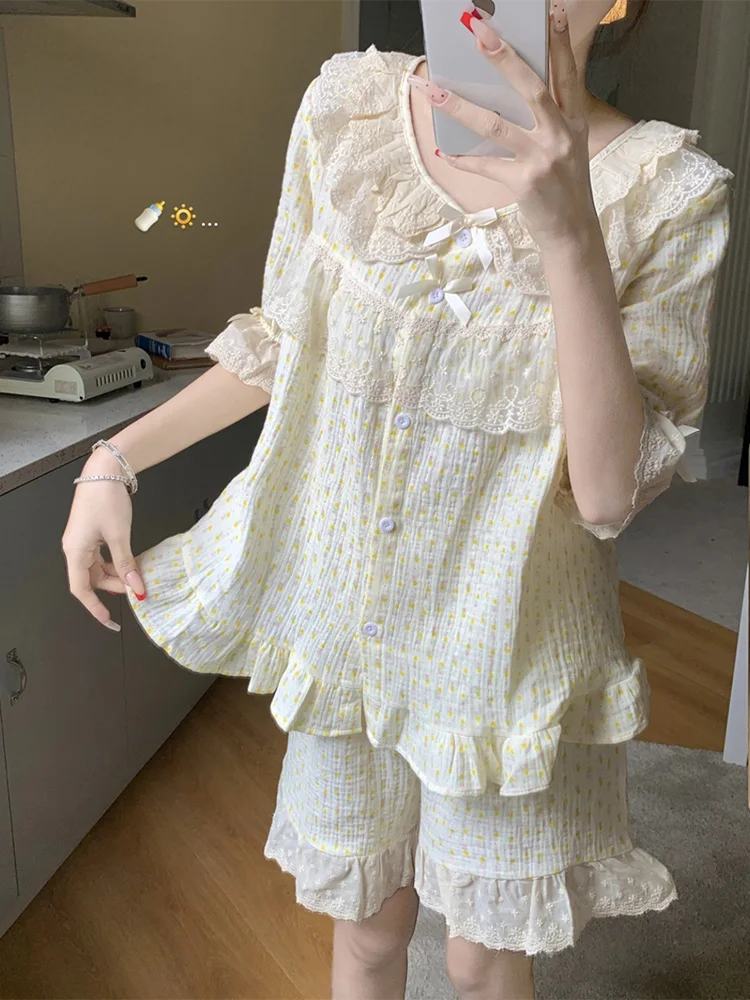 

Lace New Sweet Print Summer Short Sleeve Korean 100%Cotton Pajama Set Women Holiday style Court Kawaii Loose Casual Sleepwear