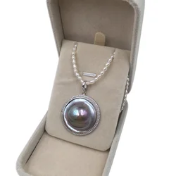 100% nature MABE pearl pendant necklace,925 silver metal-34 mm big HAT baroque pearl necklace,3 MM mini rice pearl choker