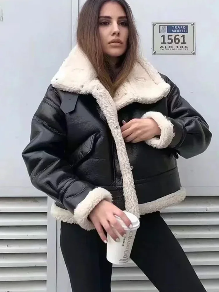 Winter Jacket Women Short Faux Leather Coat Shearling Sheepskin Retro Motorcycle Parkas Fleece Female Snow Outwear