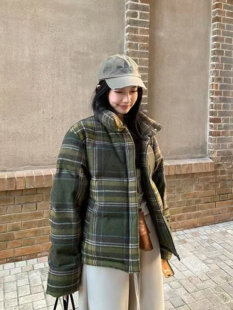 

Retro Streetwear Y2K Plaid Parkas Women Winter Warm Thick Hip Hop Cotton Coat American Harajuku Stand Collar Bf Vintage Jacket