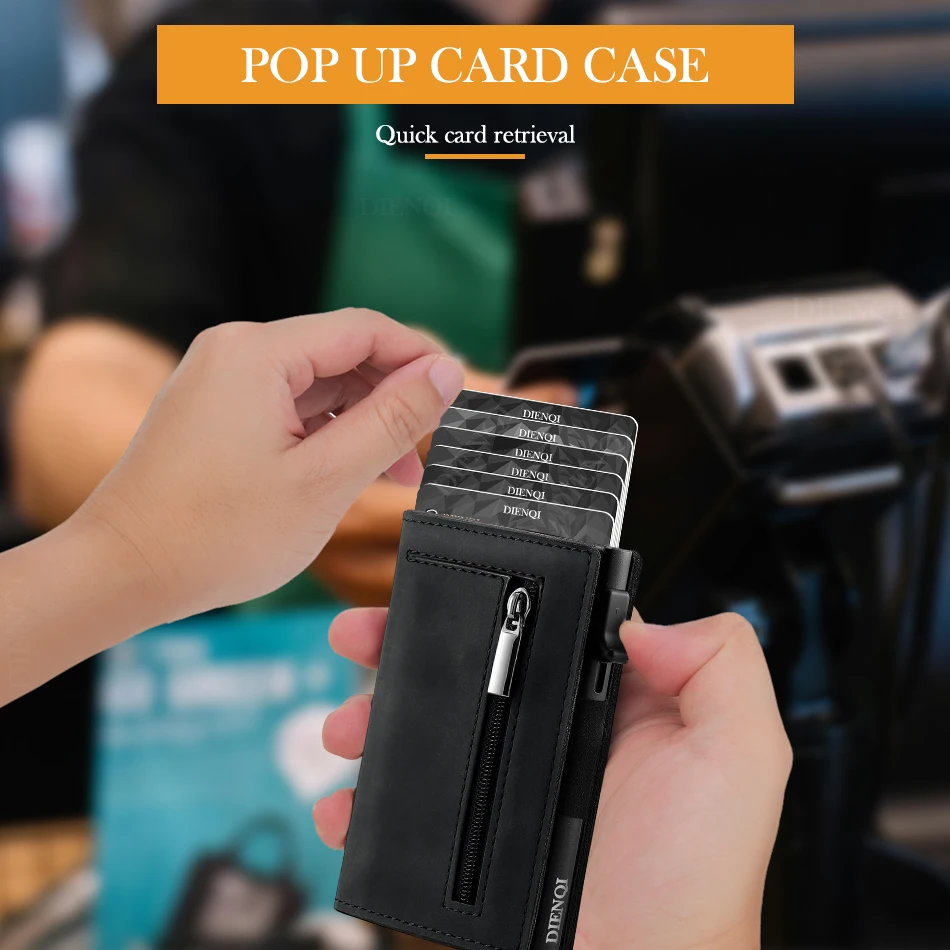 Portfel RFID z prawdziwej skóry bydlęcej, magnetyczny, skórzany, wysuwany, na karty kredytowe i bankowe, czarny, inteligentny portfel męski.