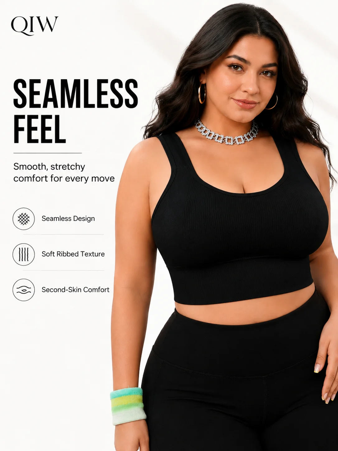 QIW Yoga Sports Bra Plus Size Solid U Neck Tank Bra Wireless Wide Straps Removable Pad Ribbed Bra for Gym Street Outfit