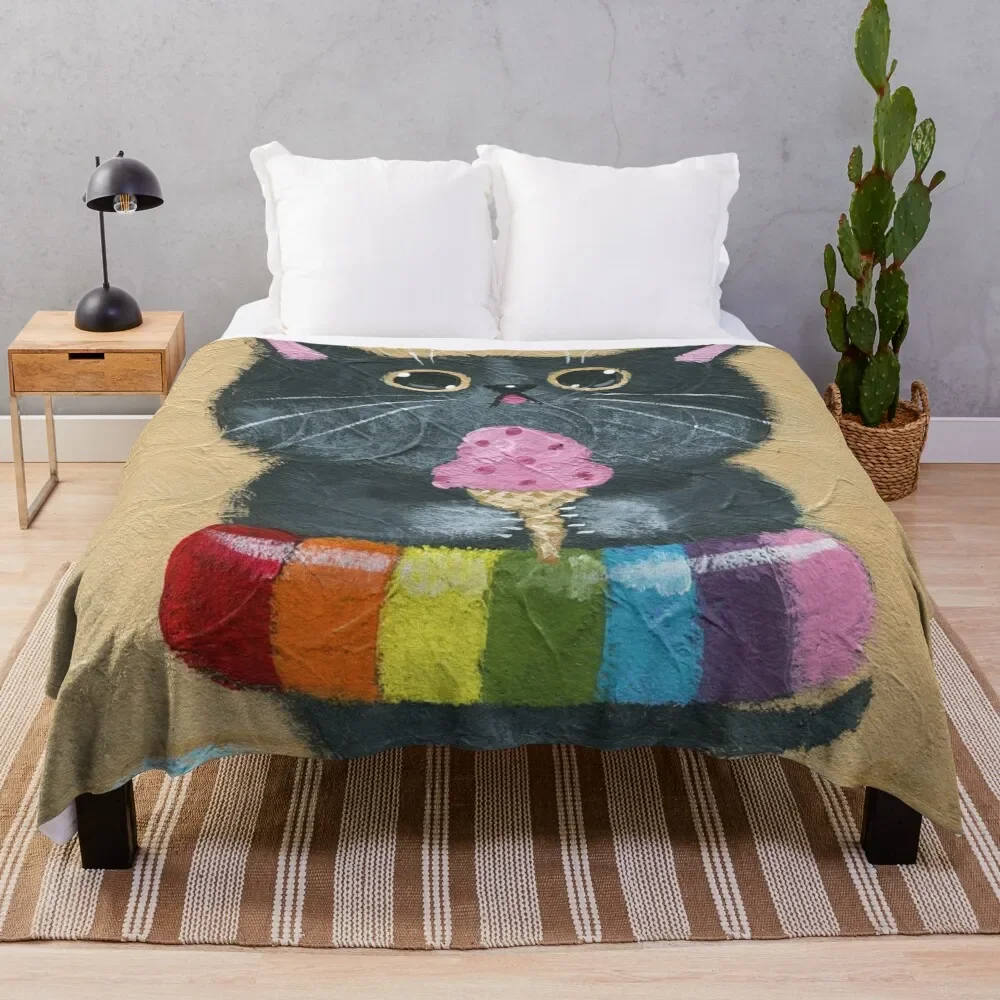 

At The Beach, Ice Cream Cat Throw Blanket valentine gift ideas Cute Loose Blankets