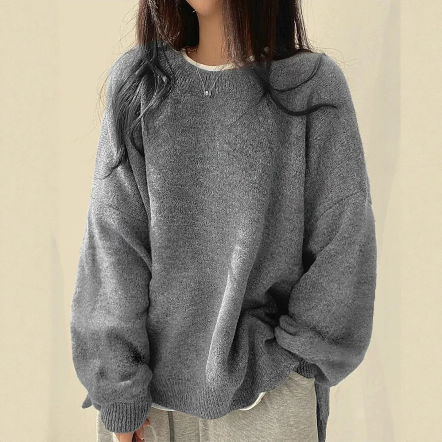 ONE TO WAN Gray Vintage Women Sweaters Black Lantern Sleeve Korean Fashion Oversized Knit Pullovers Solid Basic Old Money Winter