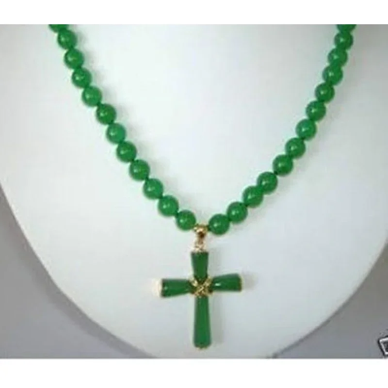 

Hot sell Fast Natural 8mm Green Jade beads & Cross Pendant Necklace 18''