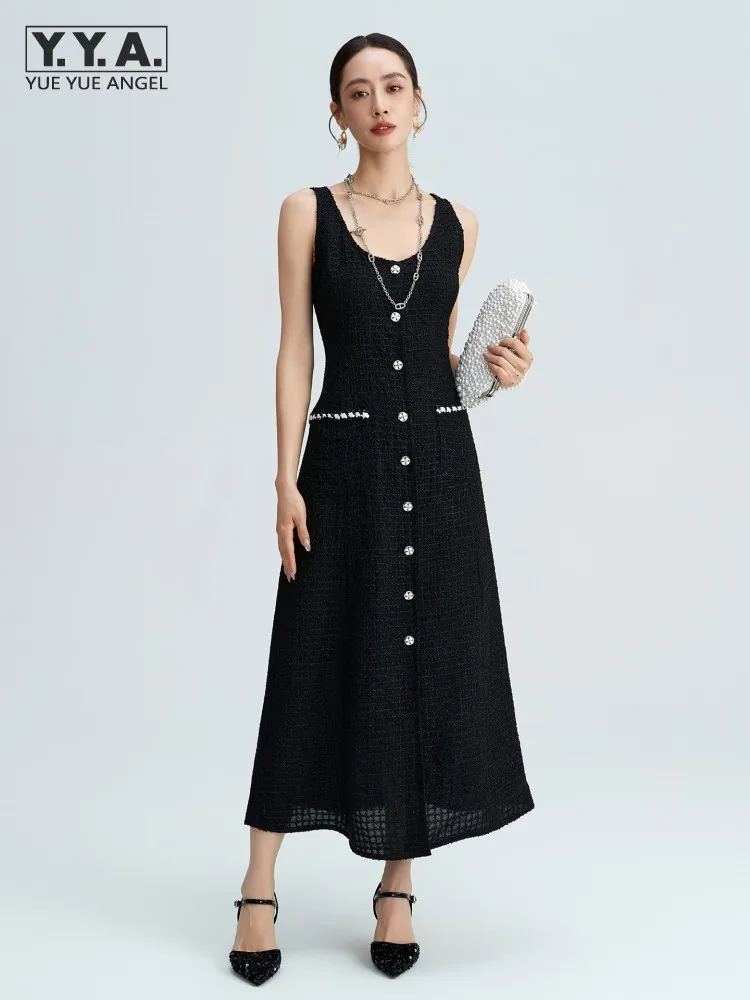 

Elegant Summer New Women Real Silk Black Ankle Length Sleeveless Long Dress Lady Casual Single Breasted Lady Slim Waist Dresses