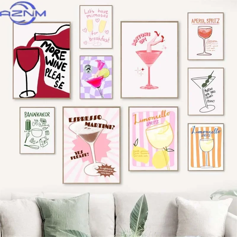 AZNM Funky Bar Cheers Wine Glass Champagne Cocktail Art Poster Trendy Canvas Painting Wall Prints Picture for Living Room Home D