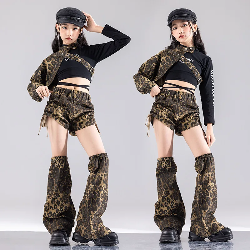 Hip Hop Sets Mädchen Crop Top Leopard Manschette Cargo Hosen Kind Streetwear Shorts Kinder Jazz Street Dance Kleidung Mädchen Gruppe Kostüm