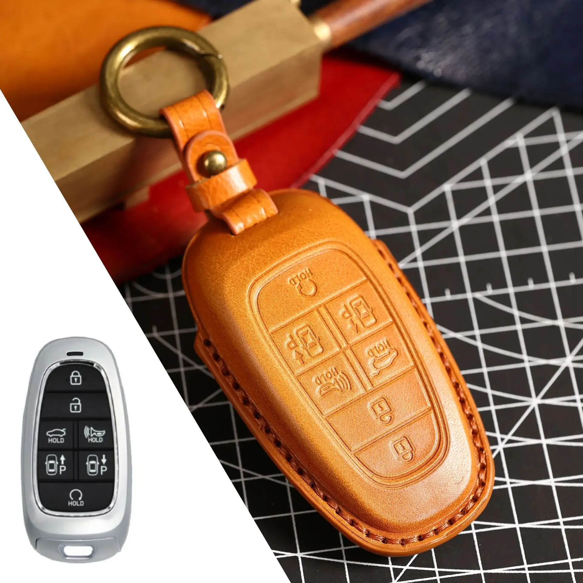 

1pc Leather Car Key Case Cover For Hyundai Solaris Sonata Hybrid NEXO NX4 New Grand Santa Fe Tucson 2020 2021 5 7 Buttons