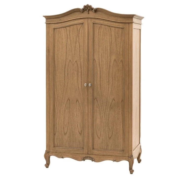 ^French Provincial Solid Wood Armoire, Vintage Hand-Carved 2-Door Wardrobe with Curved Legs for Bedroom Storage