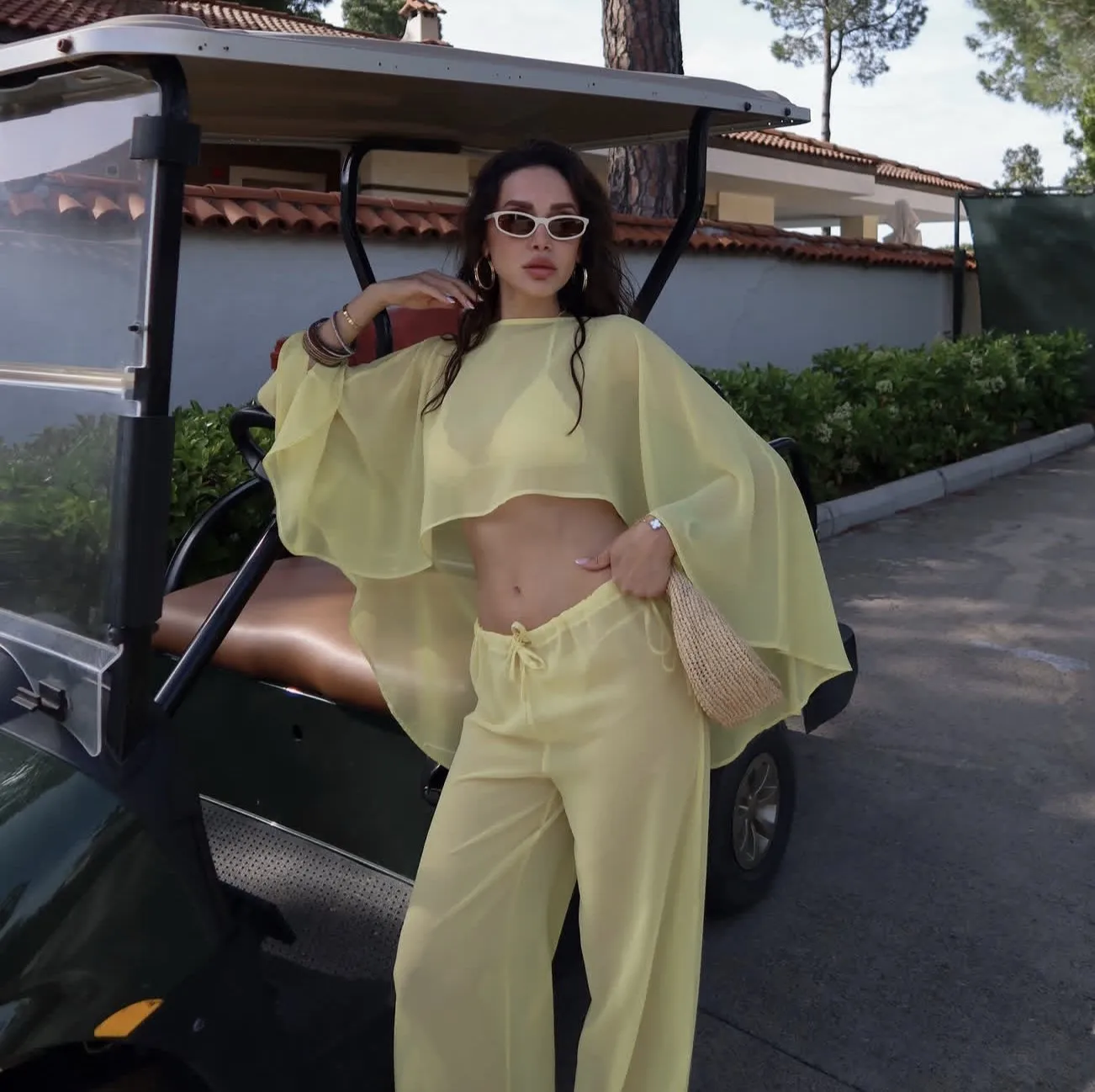 Fashion O-neck Pullover Top Cape & Pant Set Women Elegant Drawstring Solid Color 2 Piece Suit Casual Simple Loose Chiffon Outfit