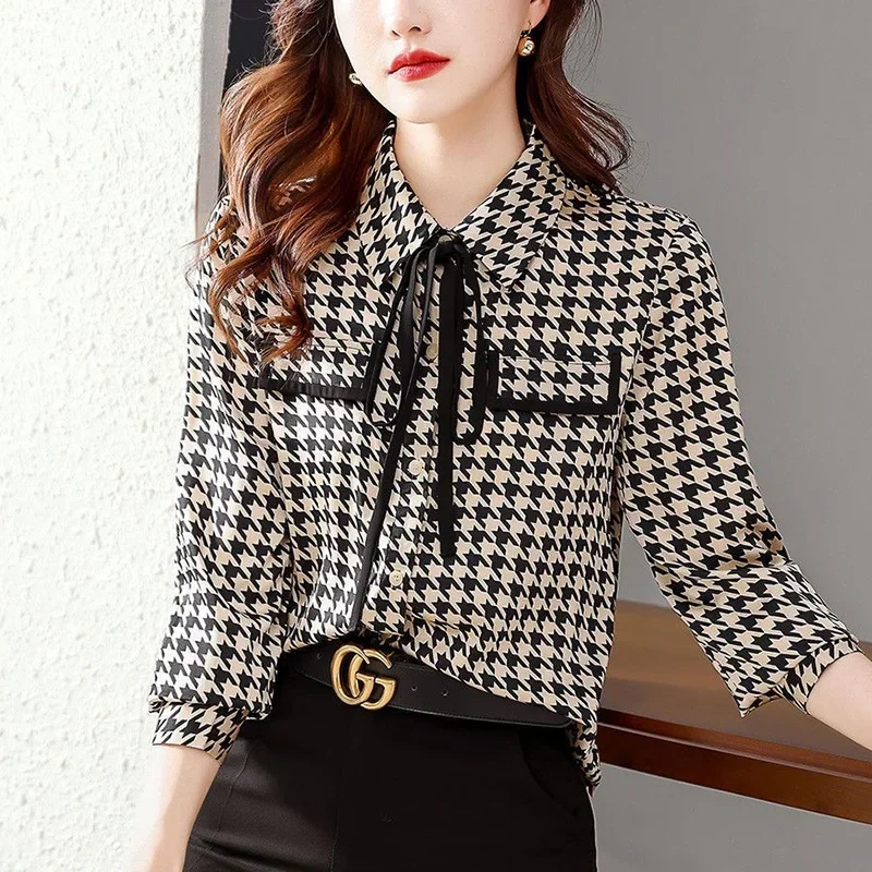 Spring Autumn Elegant Fashion Houndstooth Print Lace Up Shirt Ladies Long Sleeve Temperament All-match Blouse Femme Cardigan Top