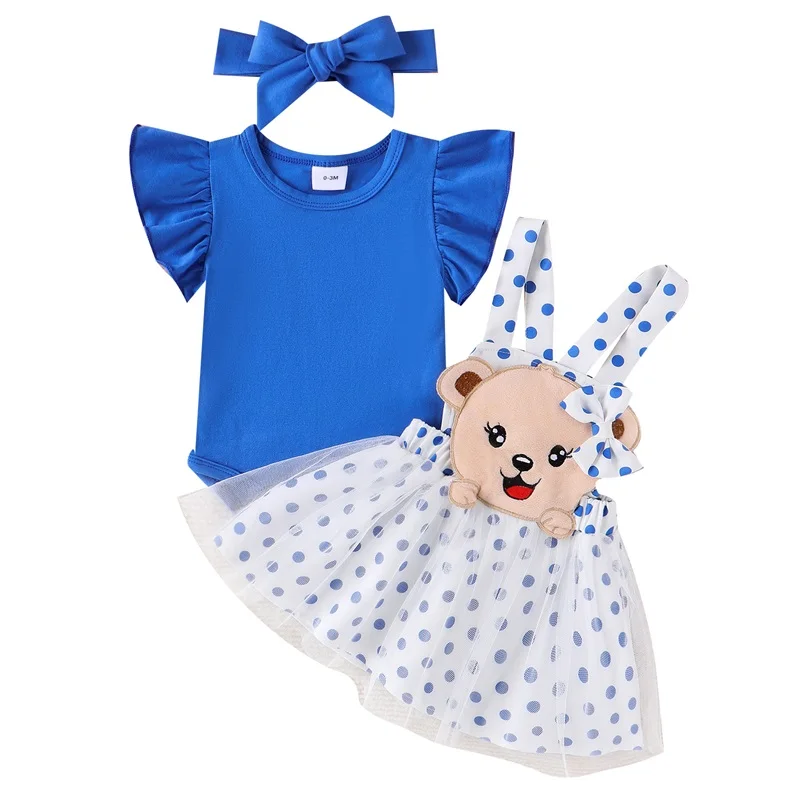 Baby Girls Summer 3PCS Sets Flying Sleeve Romper Dot Print Suspender Skirt Headband Sets