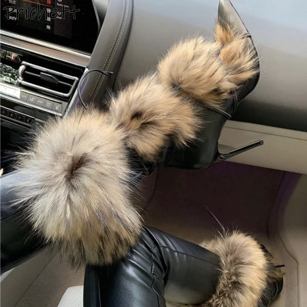 Soft Furry Winter Boots Black Brown Warm Pointy Toe Lace Up Luxury Mid Calf Boots Sexy Fashion Runway Leather Hotties Shoes