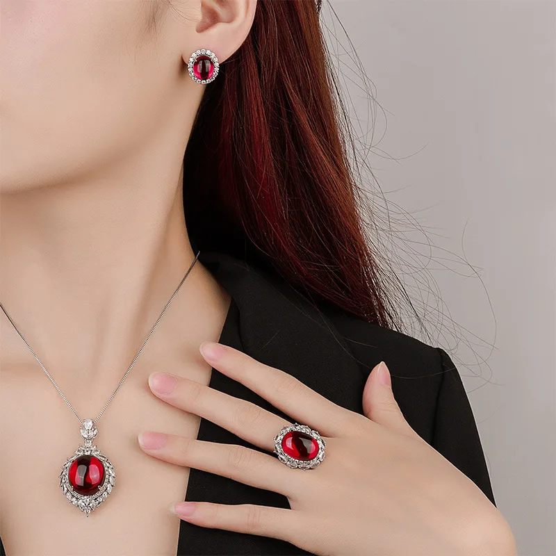 Jewelry European and American Pigeon Blood Red Corundum Plain Surface Light Luxury Suit Pendant 18*20 Ring 13*18
