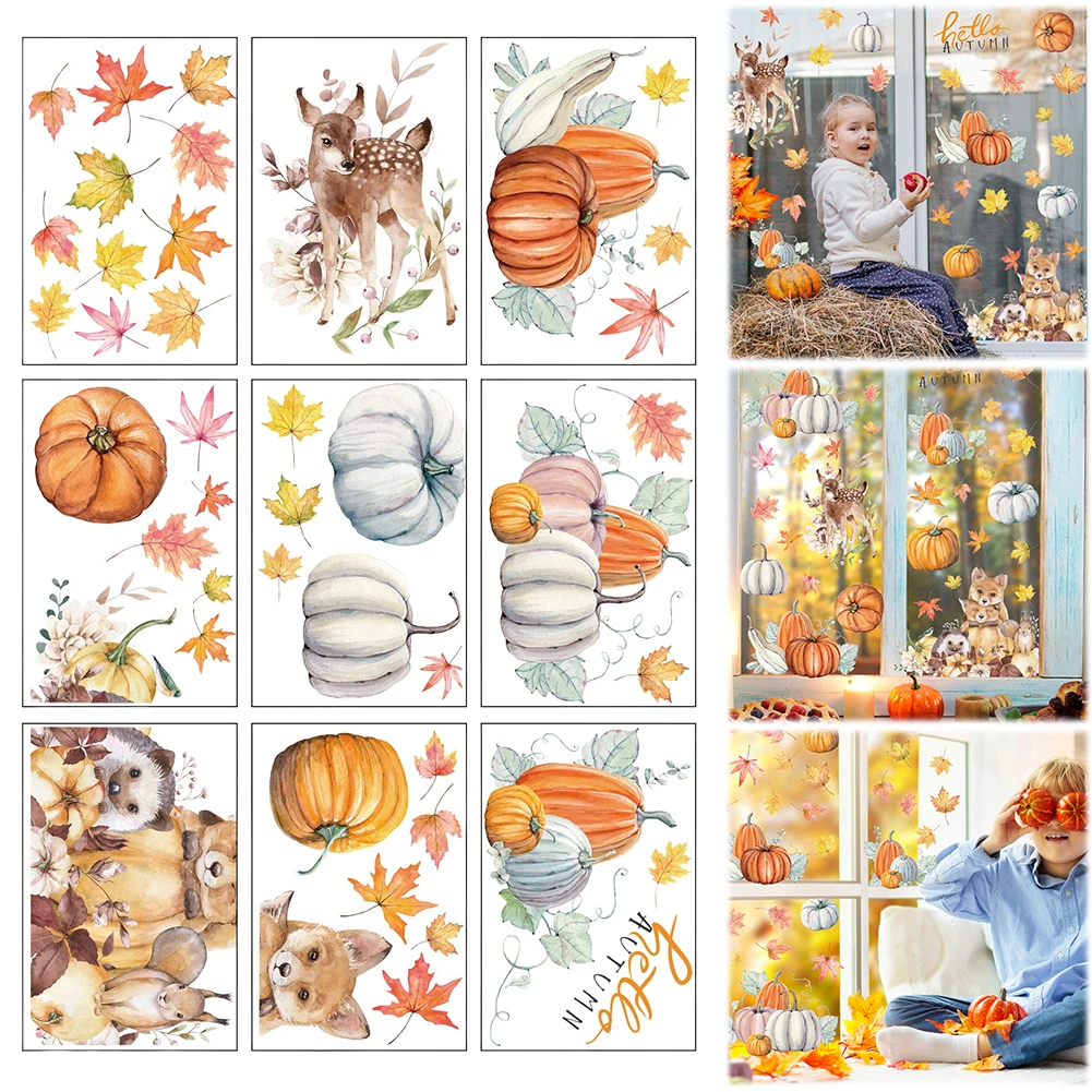 9Pcs Fall Window Cling Sticker Double-Sided Window Sticker Blessed Thanksgiving Home Decor Shop Window Glass Display Decoration