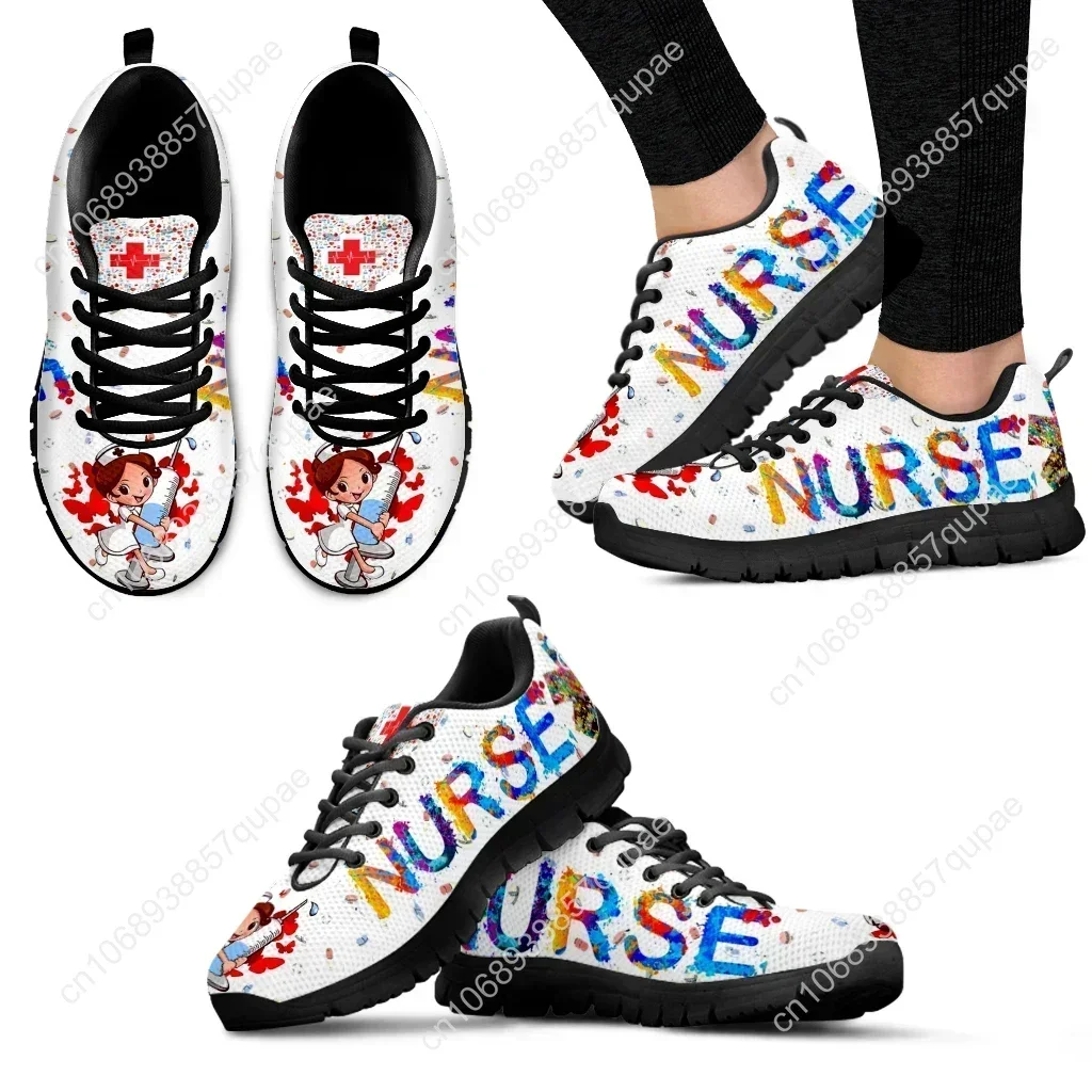 Custom Made Cute Hospital Cartoon Nurse Girls Pattern Sneakers Shoes For Women Breathable Lace Up Flat Shoes Comfort Zapatillas