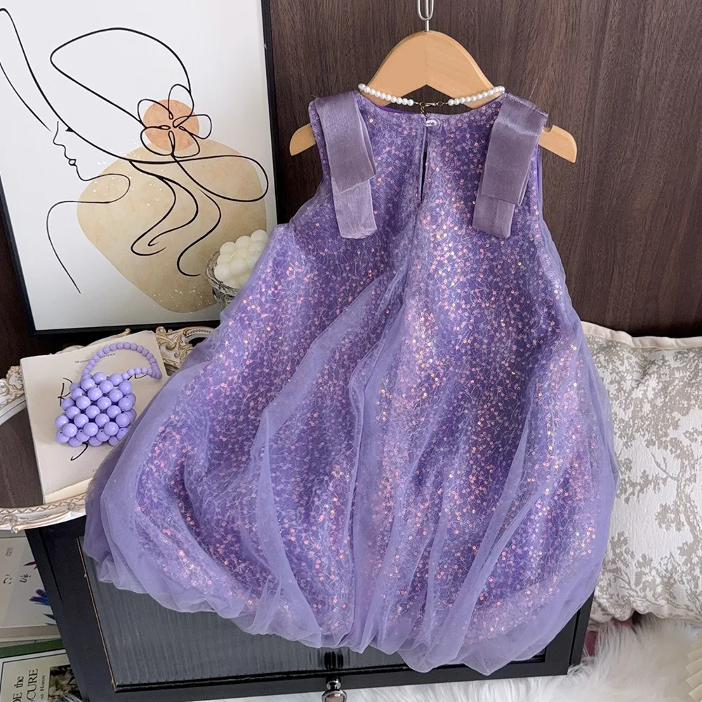 

Girls Summer Dress New Korean Fashion Solid Color Sleeveless Sequin Tulle Princess Dress Causal Daily Vacation Clothes