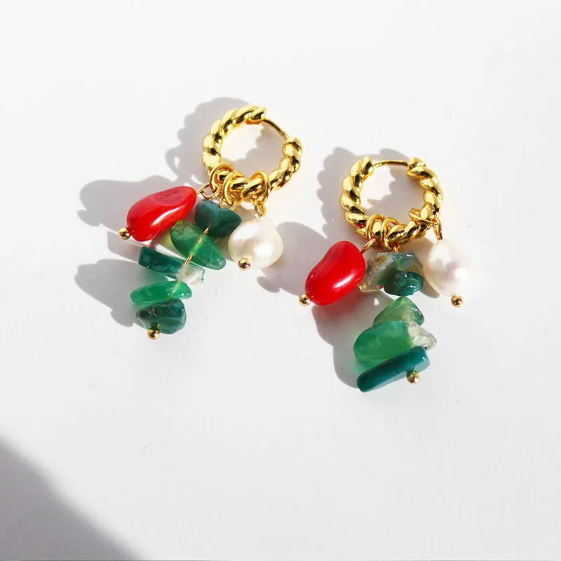 

Simple Style Brass Gold-plated Twist Small Circle Earrings Natural Cracked Stone Beaded Hoops Pearl Tassel Earrings For Women