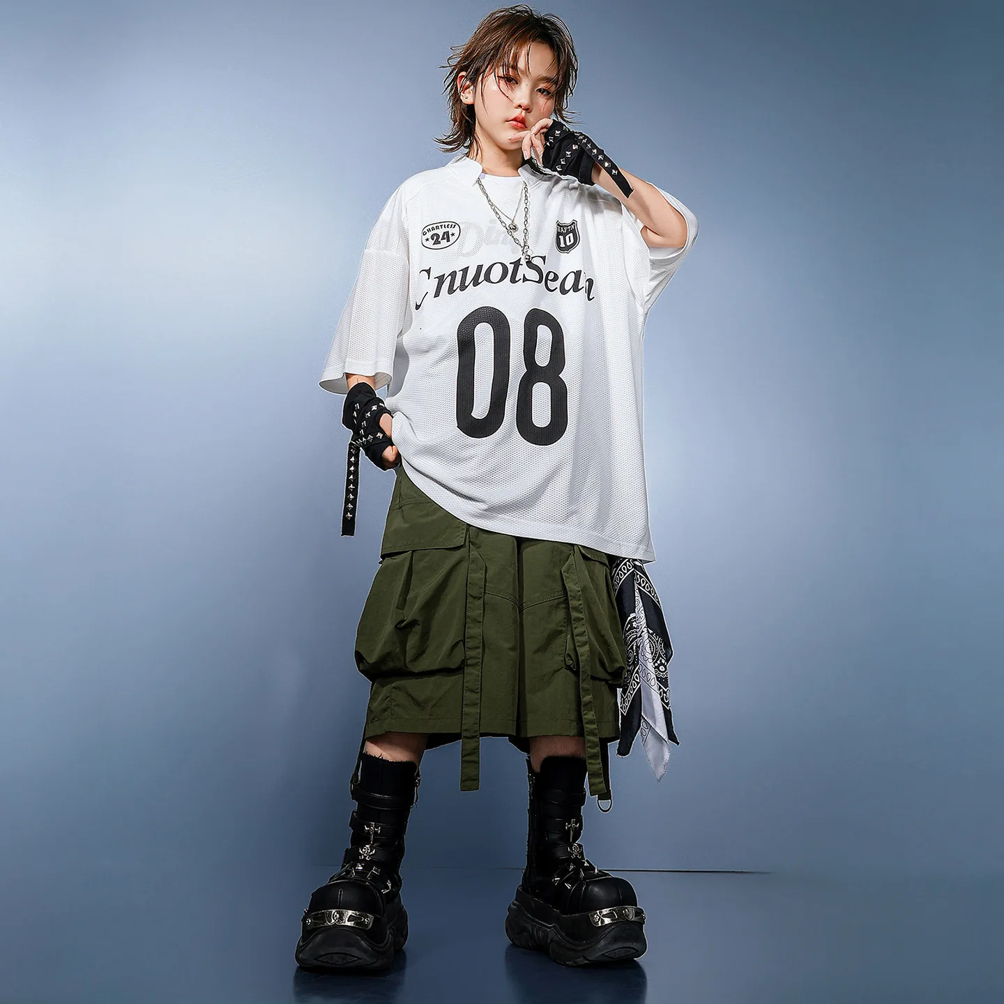 

Kid Hip Hop Clothing White Jersey T Shirt Army Green Casual Strap Cargo Shorts Middle Pants for Girl Boy Dance Costumes Clothes
