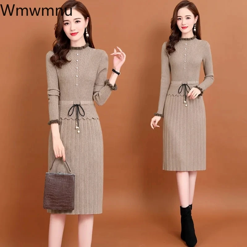 Slim Midi Sweater Dress Elegant Ruffle Long Sleeve Knitted Dress Women Vintage Fall Patchwork Drawstring Waist Bottoming Dresses