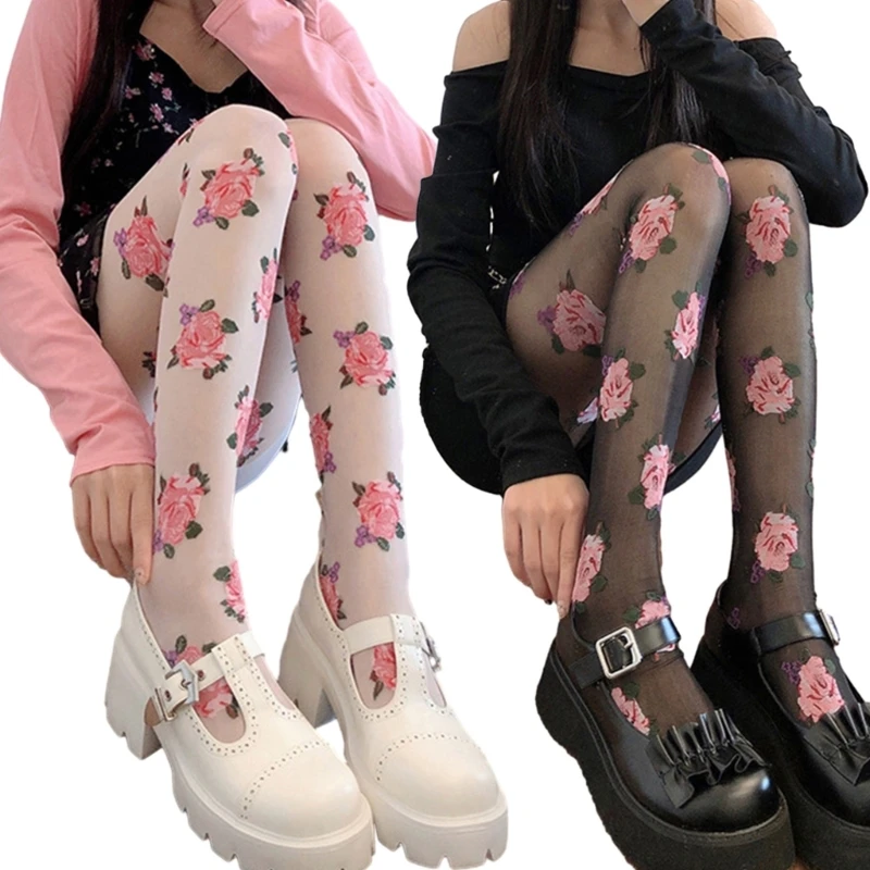 

Japanese Sheer Pantyhose Women Vintage Rose Patterned Footed Silky Tights