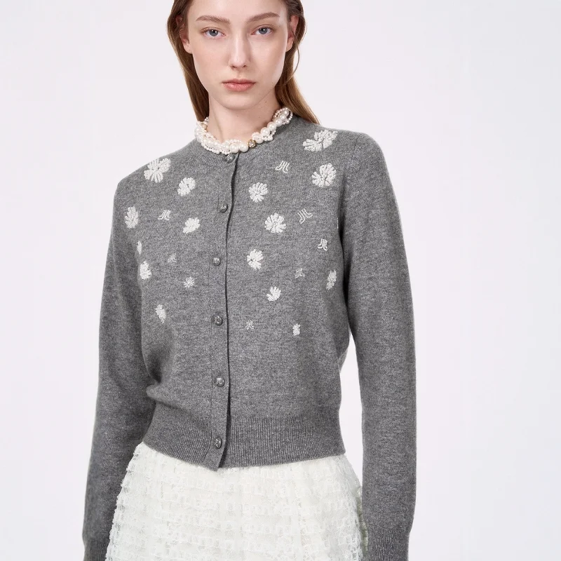 

Ele Handmade Knitted round Ne Sweater with Flower Embroidery Open Cardigan Long Sve Straight Cut Commute Sle Spring