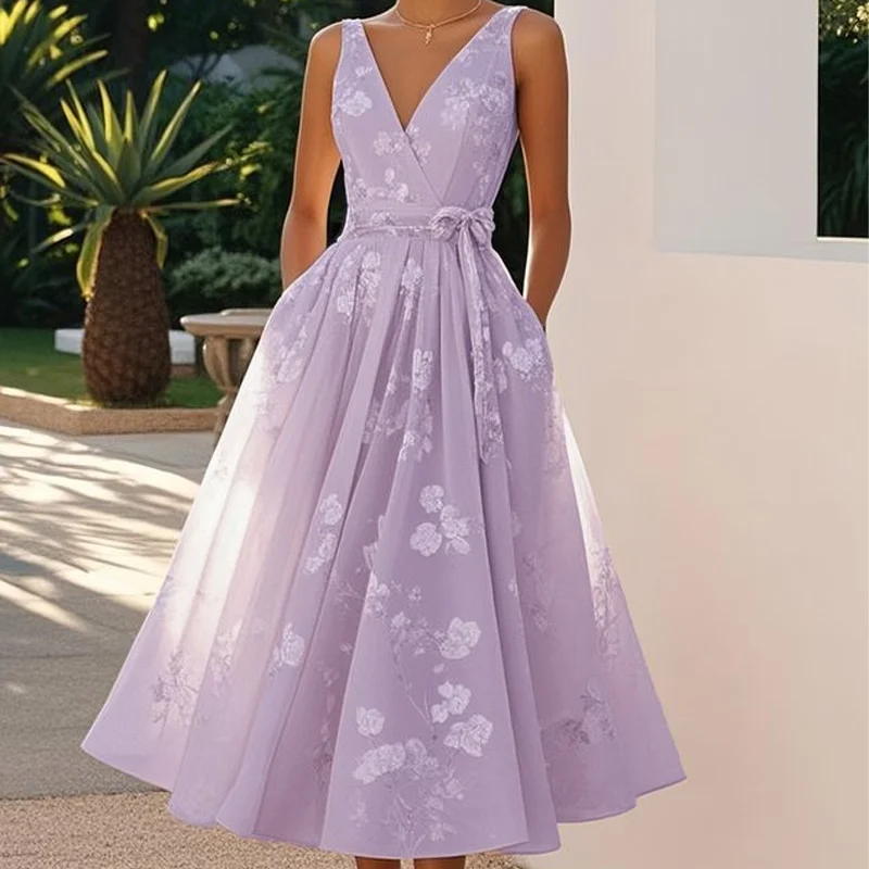 أنيقة مثير الخامس الرقبة القوس الدانتيل يصل فستان الحفلات النسائية الصيف عادية مطوي فساتين بوهو أنيقة عطلة بلا أكمام ألف خط فستان طويل