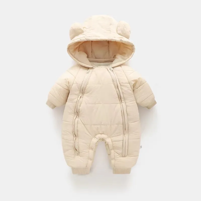 Neuer süßer Baby-Winteroverall mit Bärenohren und Kapuze, Kälteschutz-Skibekleidung, verdickte Baumwolle und Samt-Innenseite, Neugeborenen-Jumpsuit 0-2 Jahre – Detail 4