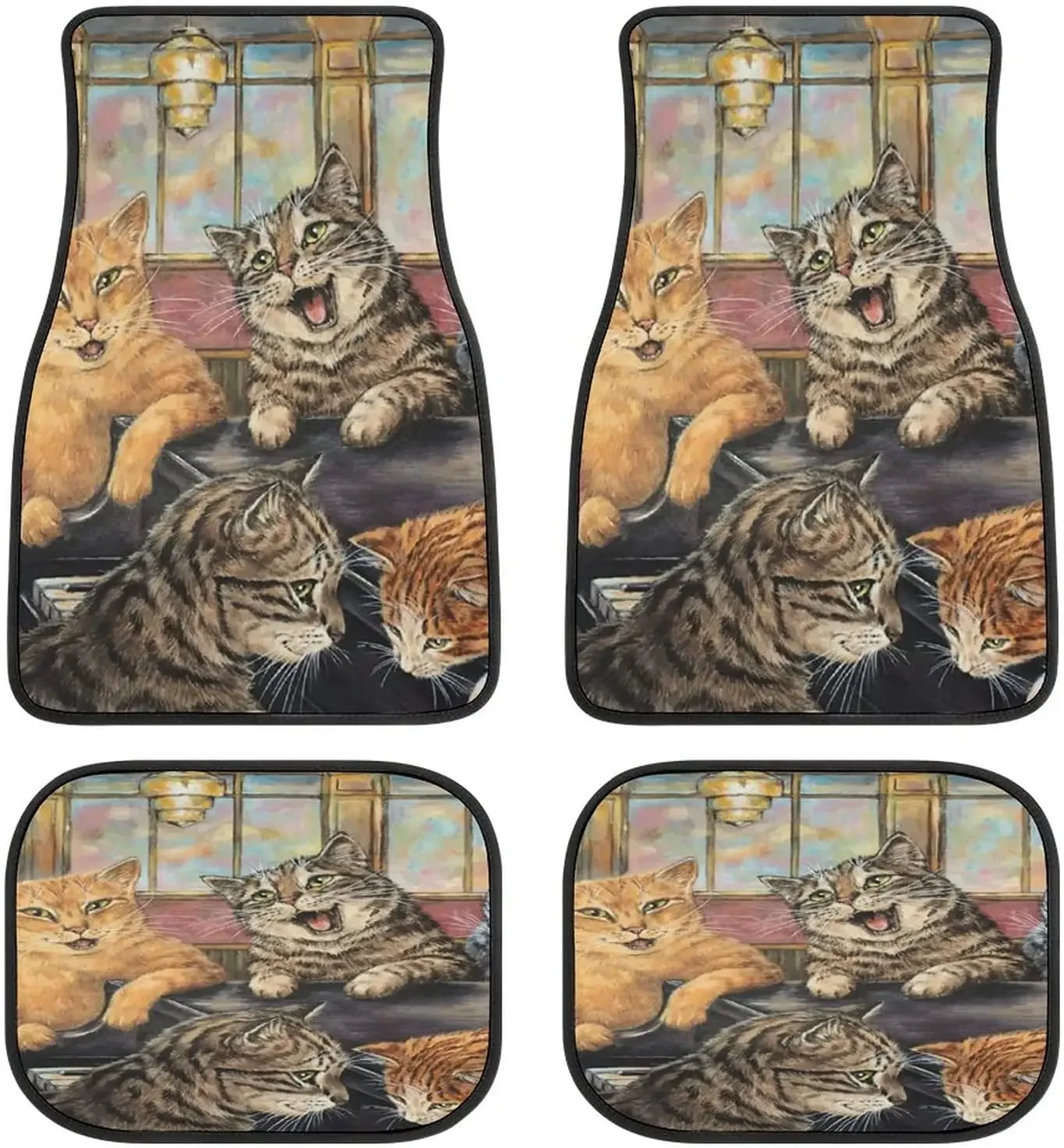 Oil Painting Cat Animal Art Car Mats Universal Drive Seat Carpet Vehicle Interior Protector Mats Funny Designs All-Weather Mats