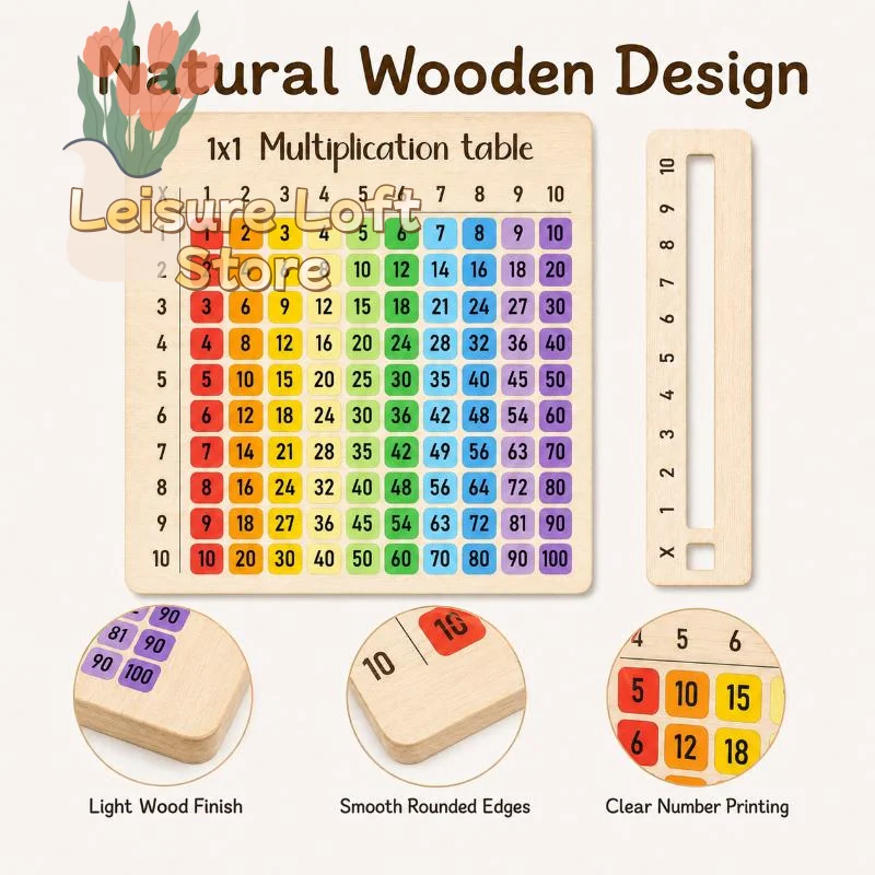 Natural Wood Multiplication Table Board Set Handheld Math Learning Tool for Students Homeschool Daily Training