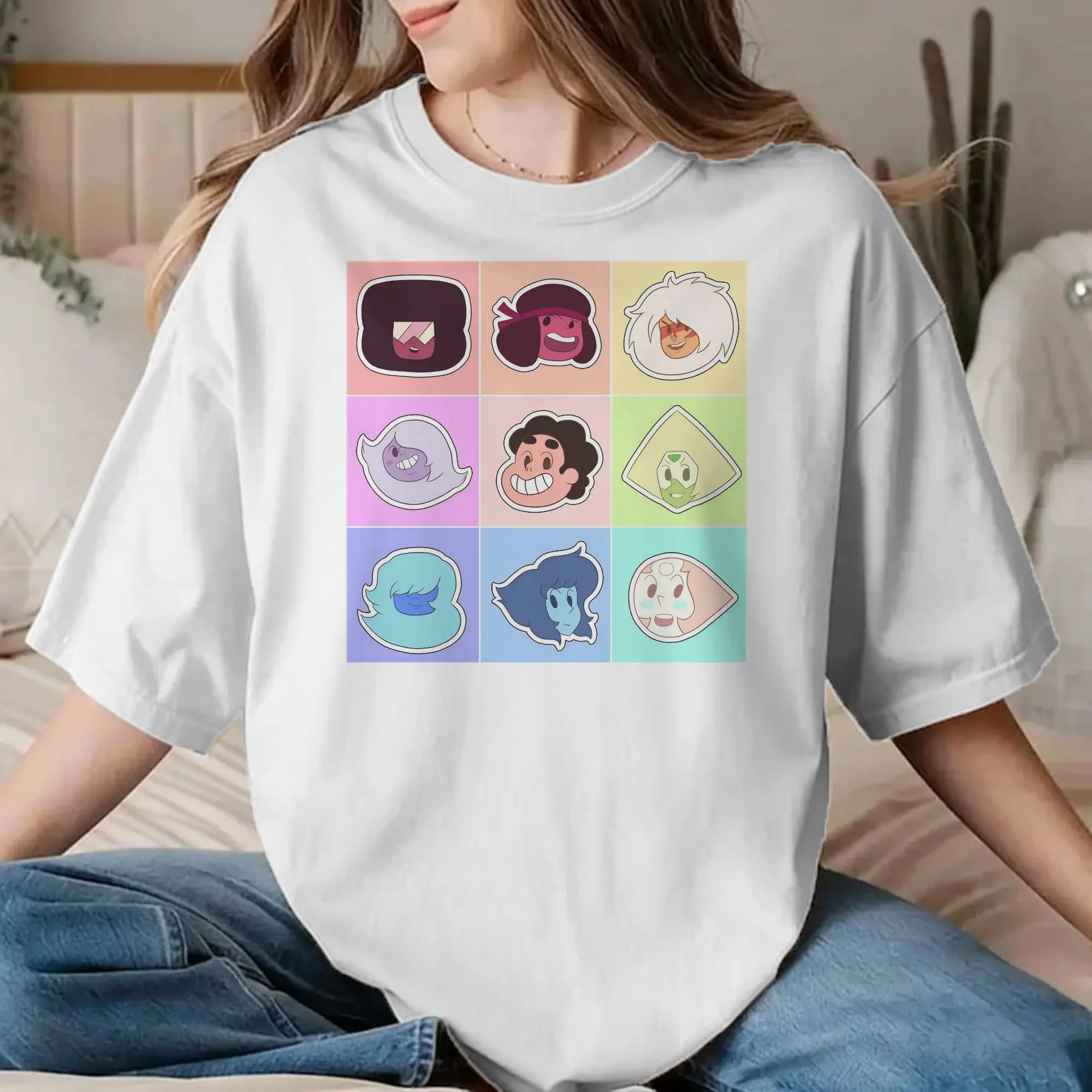 Camiseta masculina e feminina, granate, peridoto, lápis-lazúli, ametista, vintage, 100% algodão, camisetas steven-universed, roupas de tamanho grande