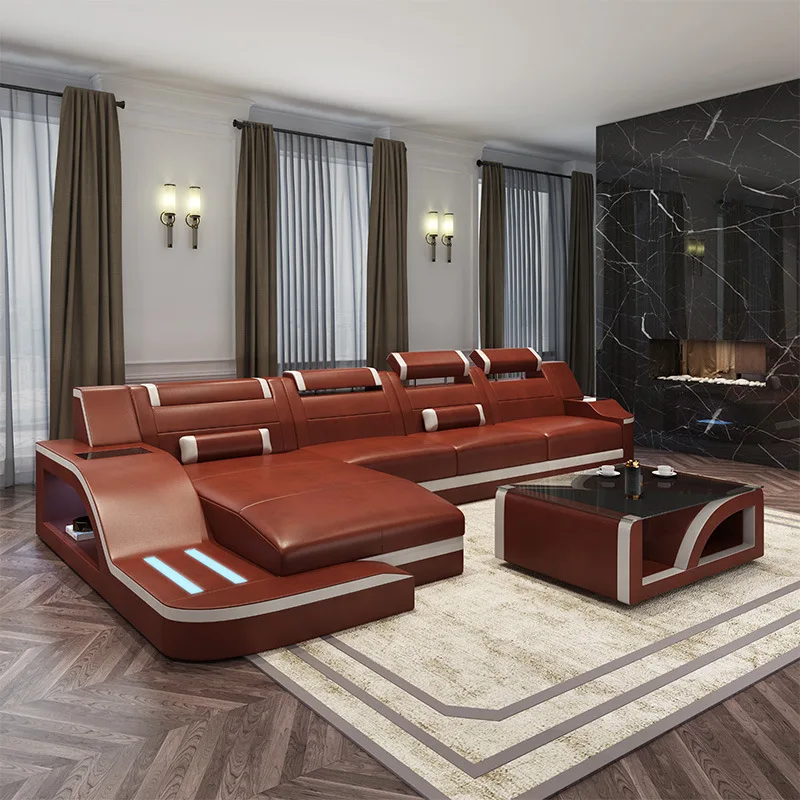 Custom sofa ultra modern style living room furniture LED sofa full set multifunctional leather theater combination sofa LED