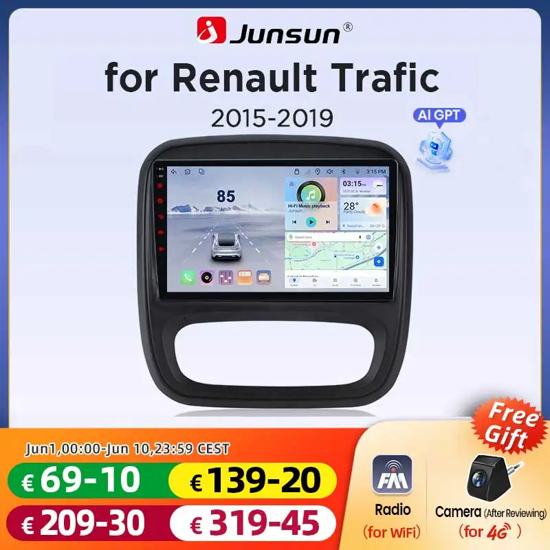 Junsun Android Autoradio für Renault Trafic 3 2014-2021 Opel Vivaro B 2014-2018 Kabelloses Apple CarPlay Android Auto GPS-Navigation Bluetooth WiFi DSP RDS Touchscreen Multimedia-Player 2DIN