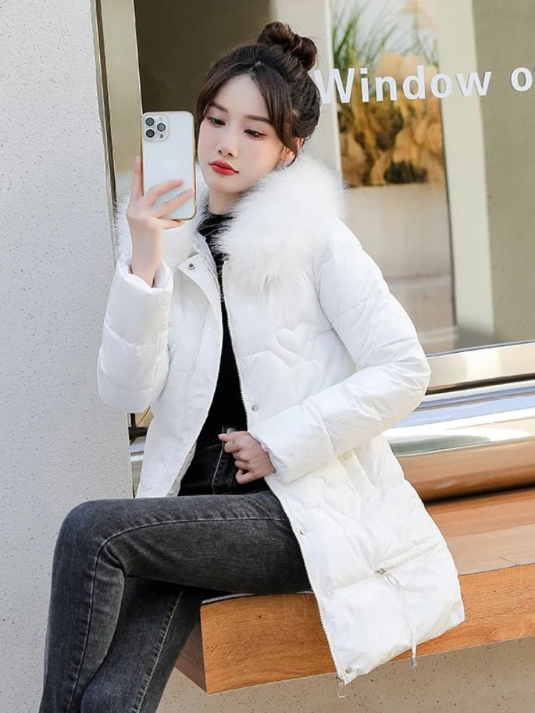 Winter Down Cotton Jacket for Women Medium Length Hooded Fake Fur Collar Padded Coats Korean Style Slim Outerwear Parka 2024