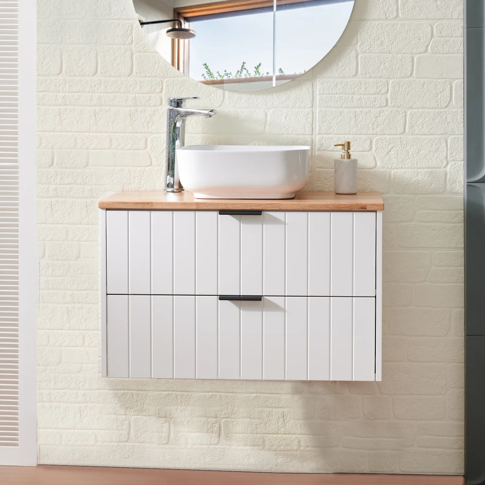 

32-Inch Double Drawer Wall-Mounted Vanity: White Cabinet + Solid Wood Top, Square Ceramic Sink, Modern Minimalist Design (Wait,