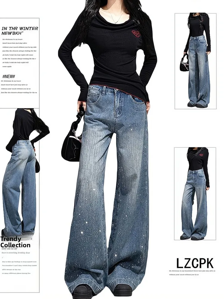 American Sle High Waist Wide Leg Jeans Women's Retro Blue Sparkling Diamond Thermal Drill Autumn Winter New Arrival Long Pants