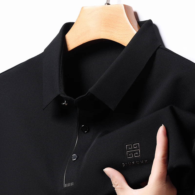 Spring and Autumn New Men\'s Long Sleeve Polo Shirt Business Casual Slim Fit Stretch Top Fashion Lapel Printed Solid Color Top