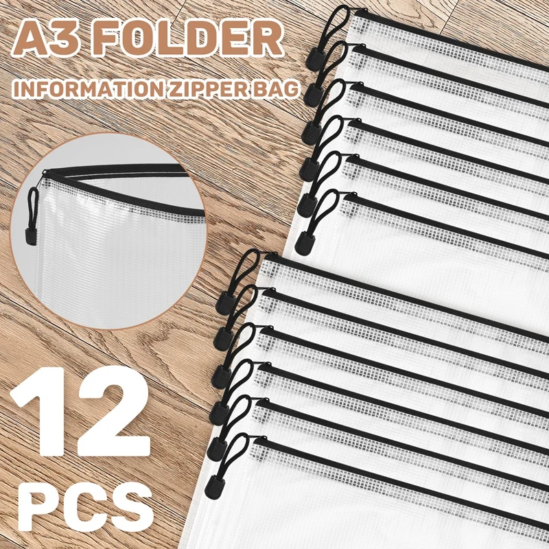 12PCS A3 Folder, Information Zipper Bag Plastic Wallet Mesh File Bag Zipper Bag Zipper Wallet