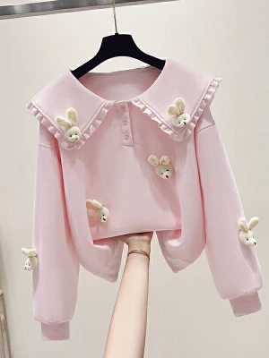 

Cute Doll Collar Sweatshirt Women's Loose Short Style Spring Autumn New Fashion College Style Chic Top Polyester Fiber